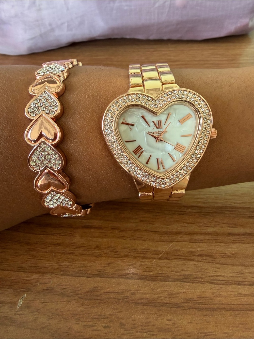 bebe Rose Gold Heart Bracelet and Heart-Shaped Watch Set